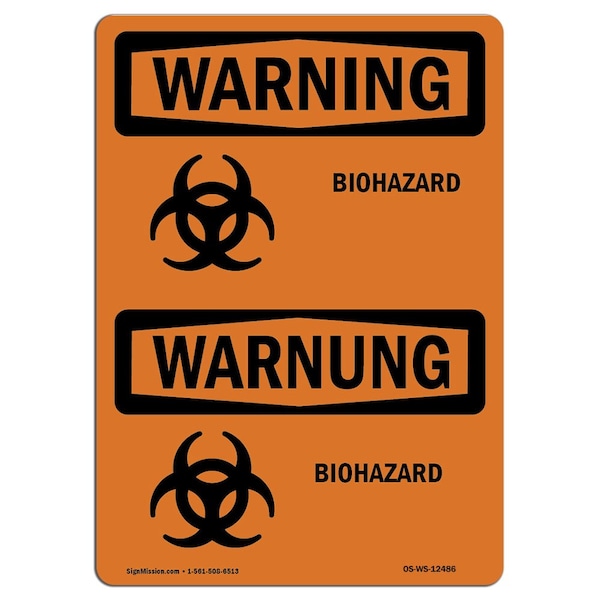 Safety Sign, OSHA WARNING, 18" Height, 24" Width, Biohazard Bilingual, Landscape, WS-D-1824-L-12486